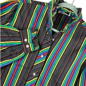 VTG Step Up Women Rainbow Stripe Ruffle Neck Button Up UNIQUE Blouse Retro Disco
